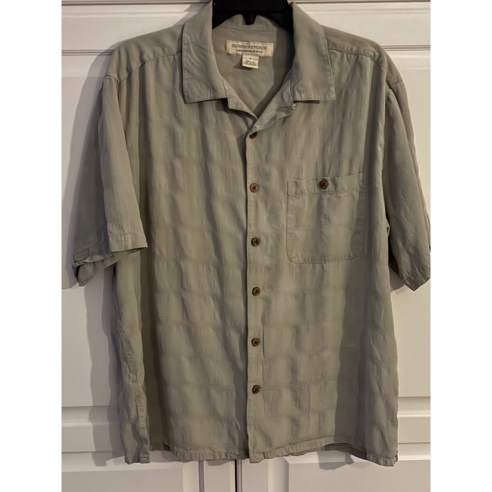 Island Republic Silk Button Down Shirt‎ Men's Size L Short Sleeve Beige Textured